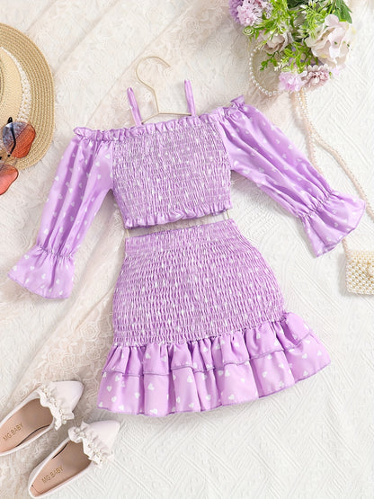 [Casual Heart Print Skirt Set] Casual Heart Print Ruffle Detail Girls' Knee-Length Skirt Set | Summer Dresses for Outdoor Attire