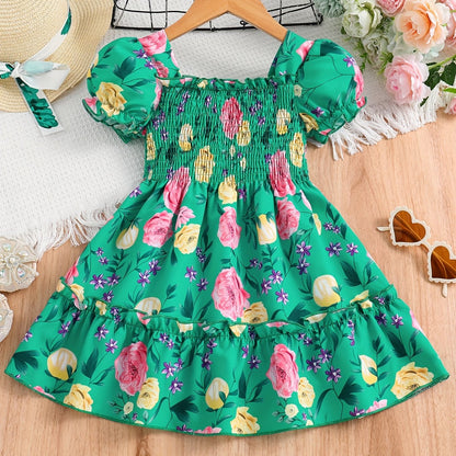 [Floral Party Dress] Floral Puff Sleeve Girls Party Dress | Shirred Ruffled Hem Kids Summer Clothes