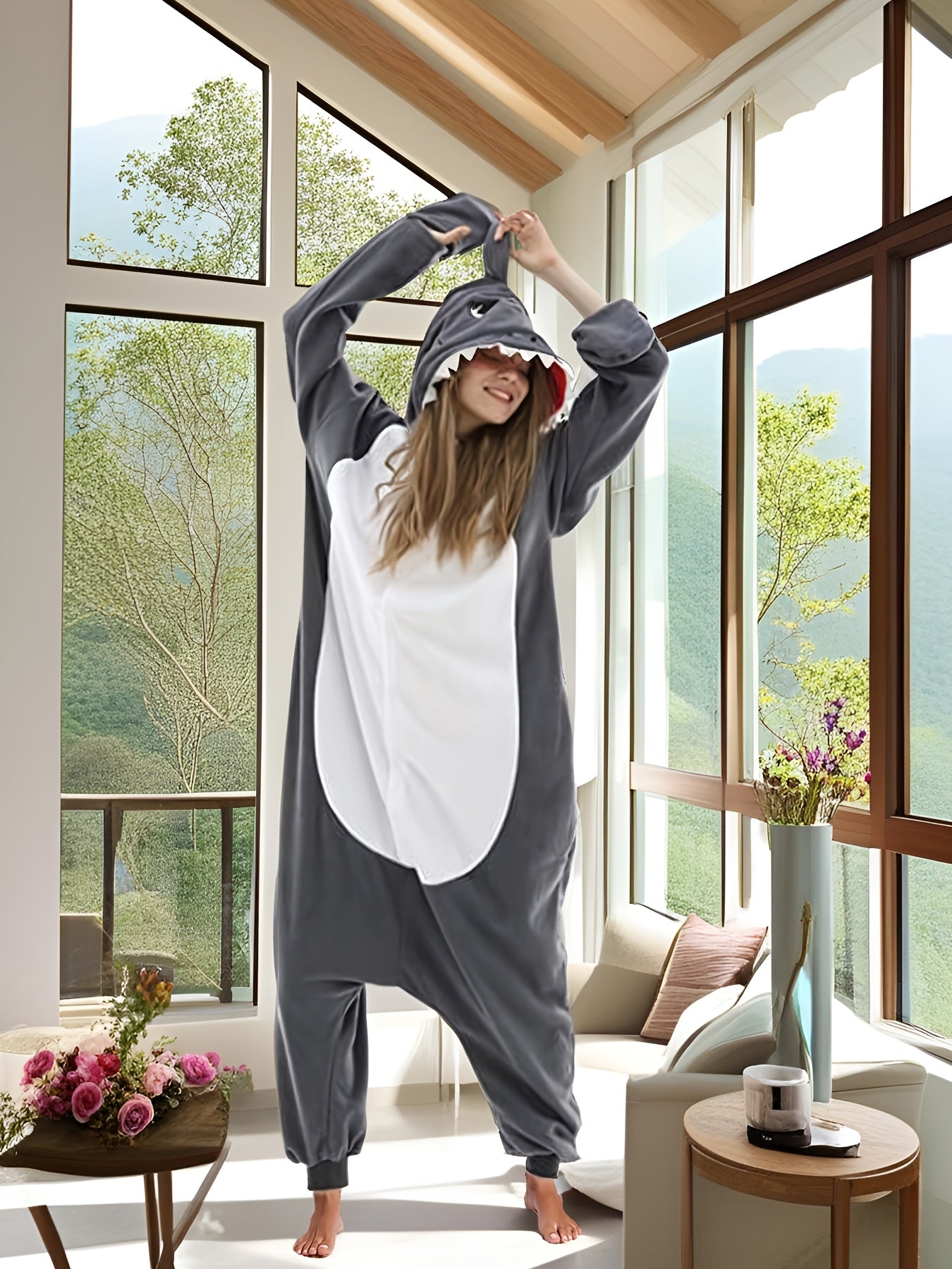 [Winter Party Fleece Onesie] Adult Fleece Kigurumi Onesie, Crew Neck Long Sleeve Animal Pattern Romper, 100% Polyester Knit Fabric, Winter Party Wear for Women and Men