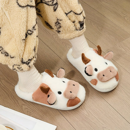 [Cozy Cow Plush Slippers] Warm Cozy Home Cute Cartoon Cow Plush Half-Wrap Slippers | Couple's Matching Thickened