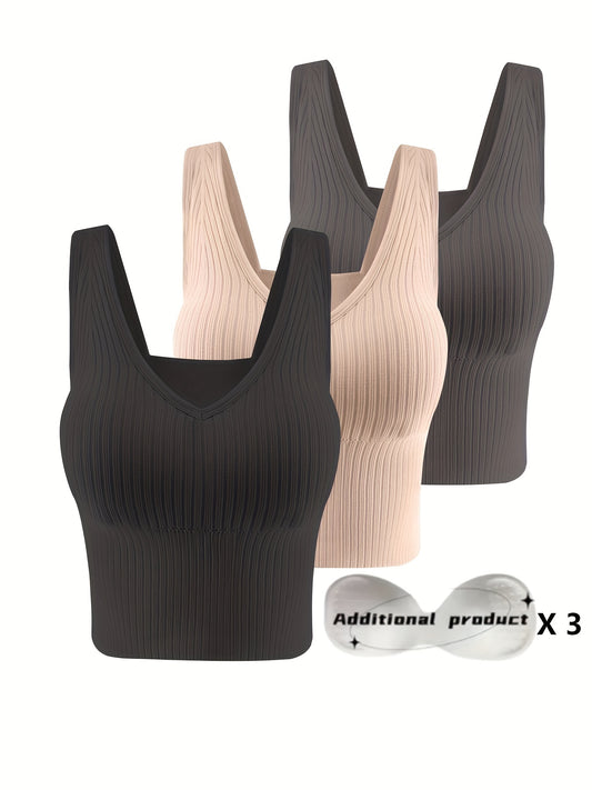 3pcs Comfortable Ribbed Tank Top - Wireless, Detachable Chest Pads, Breathable, Soft, and Seamless Lingerie & Underwear for Women - Casual, Everyday Wear