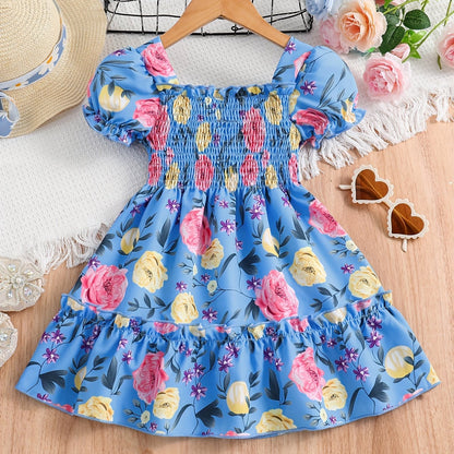 [Floral Party Dress] Floral Puff Sleeve Girls Party Dress | Shirred Ruffled Hem Kids Summer Clothes