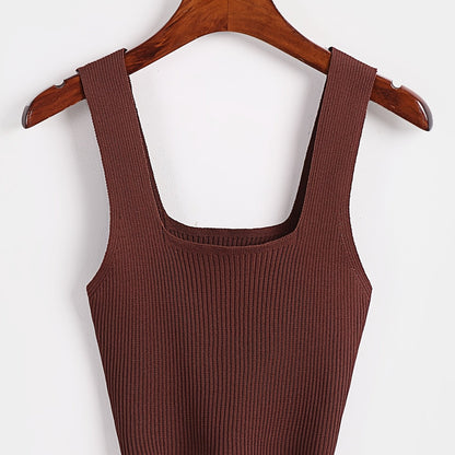 Solid Cropped Rib Knitted Vest, Elegant Sleeveless Summer Stretchy Vest, Women's Clothing
