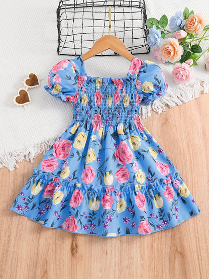 [Floral Party Dress] Floral Puff Sleeve Girls Party Dress | Shirred Ruffled Hem Kids Summer Clothes