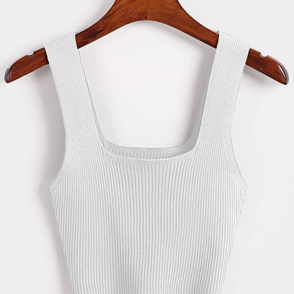 Solid Cropped Rib Knitted Vest, Elegant Sleeveless Summer Stretchy Vest, Women's Clothing