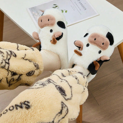[Cozy Cow Plush Slippers] Warm Cozy Home Cute Cartoon Cow Plush Half-Wrap Slippers | Couple's Matching Thickened
