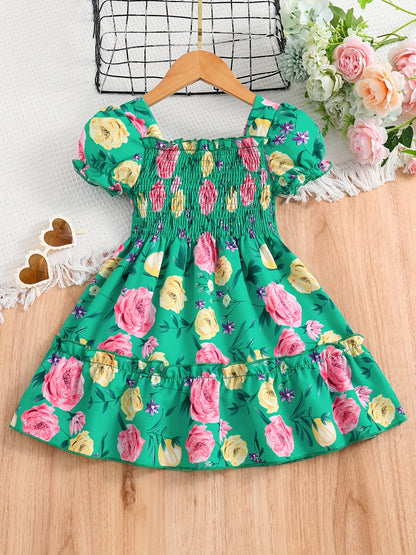 [Floral Party Dress] Floral Puff Sleeve Girls Party Dress | Shirred Ruffled Hem Kids Summer Clothes