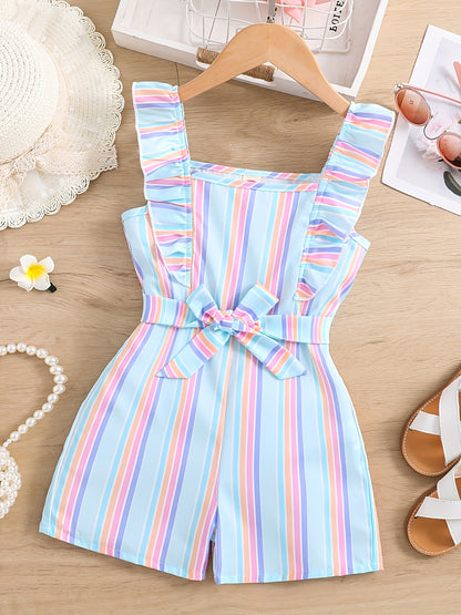 HWMFSNHFZ Girls' Sleeveless Striped Jumpsuit with Ruffled Hem & Adjustable Waist Belt - Light Blue, Pink, White Stripes, Square Neck, Summer Casual Outfit for Outdoor Play, Sleeveless Jumpsuit, Nonelastic Fabric