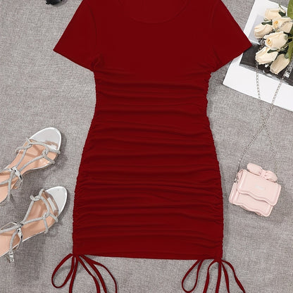 Womens Ruched Skinny Dress - Adjustable Drawstring Waist, Solid Color, Short Sleeve, Crew Neck, Chic and Versatile Casual Wear for Women