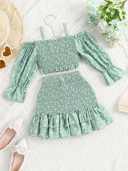 [Casual Heart Print Skirt Set] Casual Heart Print Ruffle Detail Girls' Knee-Length Skirt Set | Summer Dresses for Outdoor Attire