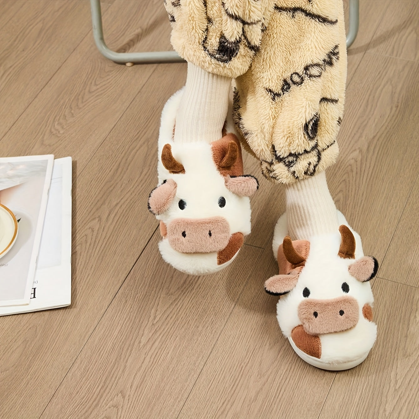 [Cozy Cow Plush Slippers] Warm Cozy Home Cute Cartoon Cow Plush Half-Wrap Slippers | Couple's Matching Thickened
