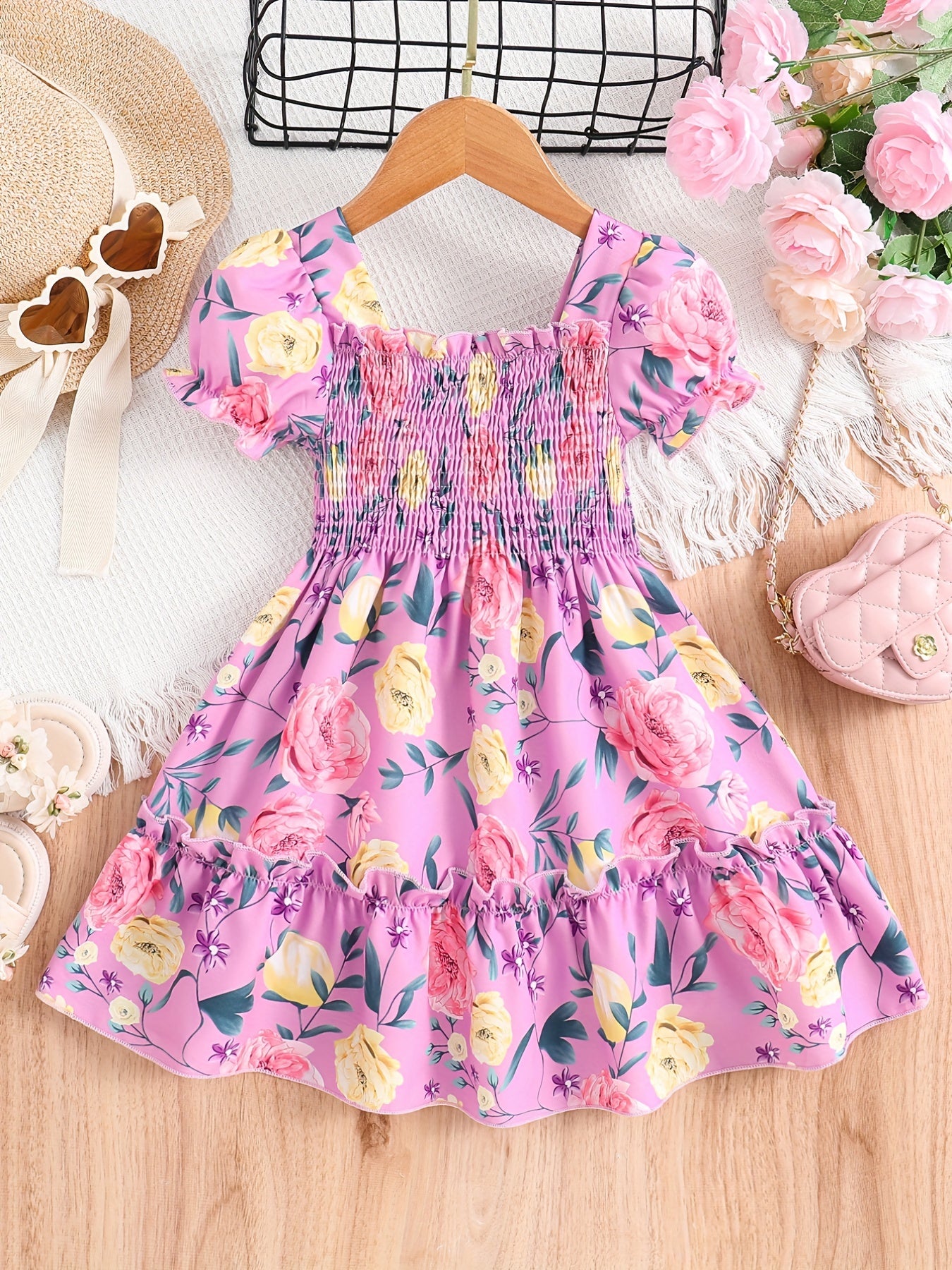 [Floral Party Dress] Floral Puff Sleeve Girls Party Dress | Shirred Ruffled Hem Kids Summer Clothes