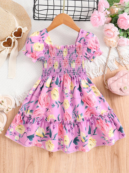 [Floral Party Dress] Floral Puff Sleeve Girls Party Dress | Shirred Ruffled Hem Kids Summer Clothes