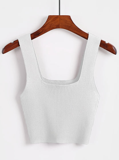 Solid Cropped Rib Knitted Vest, Elegant Sleeveless Summer Stretchy Vest, Women's Clothing