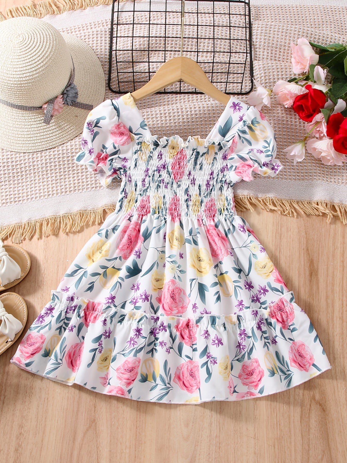 [Floral Party Dress] Floral Puff Sleeve Girls Party Dress | Shirred Ruffled Hem Kids Summer Clothes