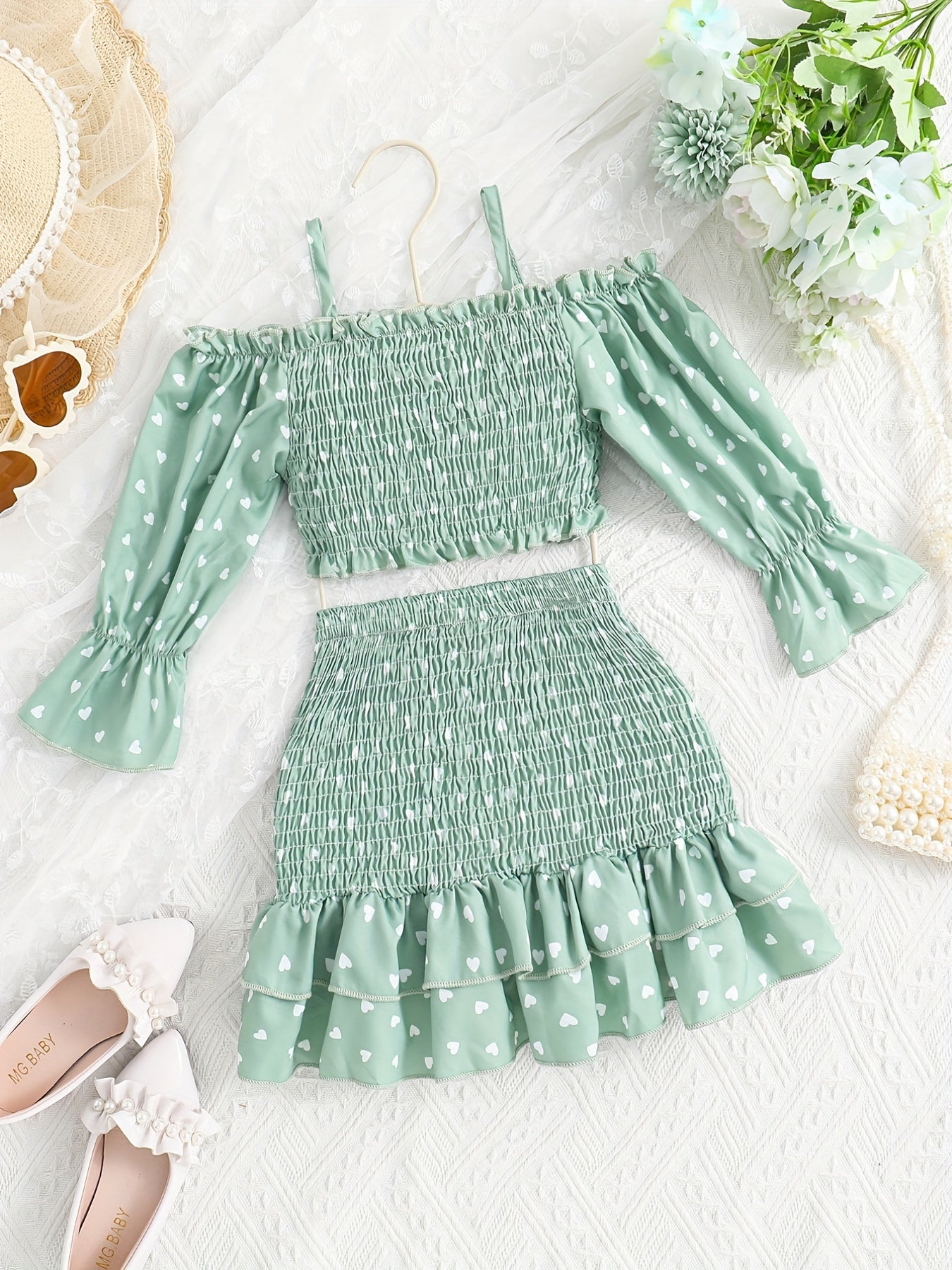 [Casual Heart Print Skirt Set] Casual Heart Print Ruffle Detail Girls' Knee-Length Skirt Set | Summer Dresses for Outdoor Attire