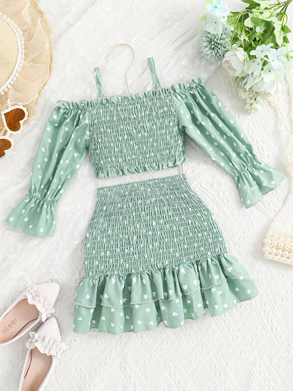 [Casual Heart Print Skirt Set] Casual Heart Print Ruffle Detail Girls' Knee-Length Skirt Set | Summer Dresses for Outdoor Attire