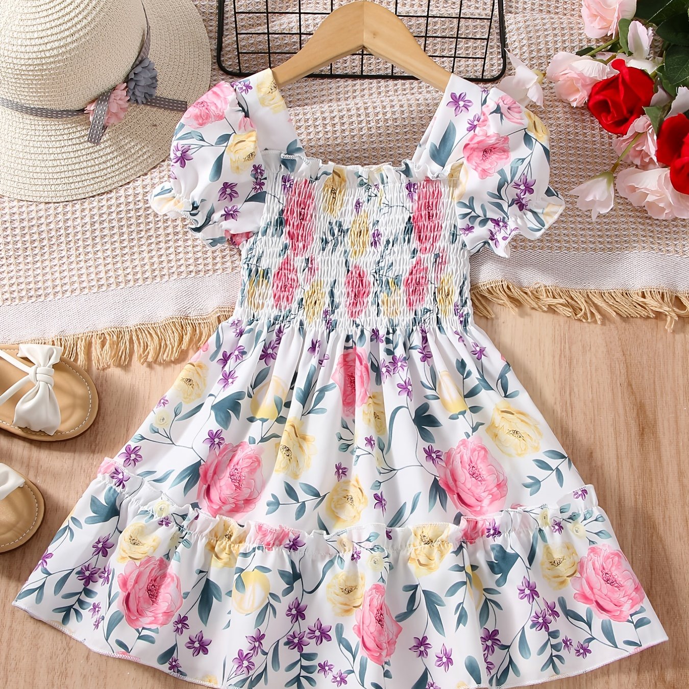 [Floral Party Dress] Floral Puff Sleeve Girls Party Dress | Shirred Ruffled Hem Kids Summer Clothes