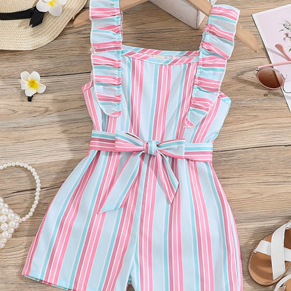 HWMFSNHFZ Girls' Sleeveless Striped Jumpsuit with Ruffled Hem & Adjustable Waist Belt - Light Blue, Pink, White Stripes, Square Neck, Summer Casual Outfit for Outdoor Play, Sleeveless Jumpsuit, Nonelastic Fabric
