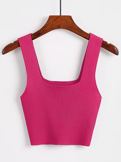 Solid Cropped Rib Knitted Vest, Elegant Sleeveless Summer Stretchy Vest, Women's Clothing