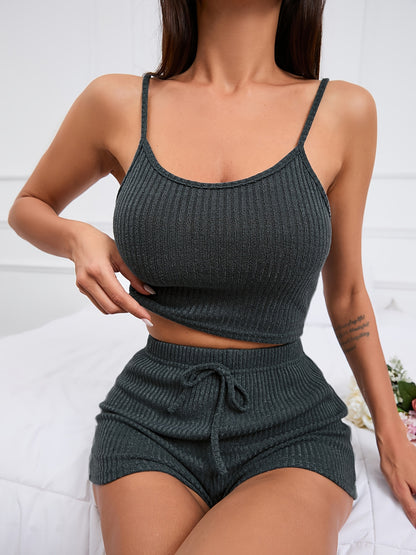 Ribbed Knit Lounge Set, Cami Crop Top & Lace Up Shorts, Women's Loungewear & Sleepwear