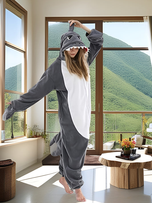 [Winter Party Fleece Onesie] Adult Fleece Kigurumi Onesie, Crew Neck Long Sleeve Animal Pattern Romper, 100% Polyester Knit Fabric, Winter Party Wear for Women and Men
