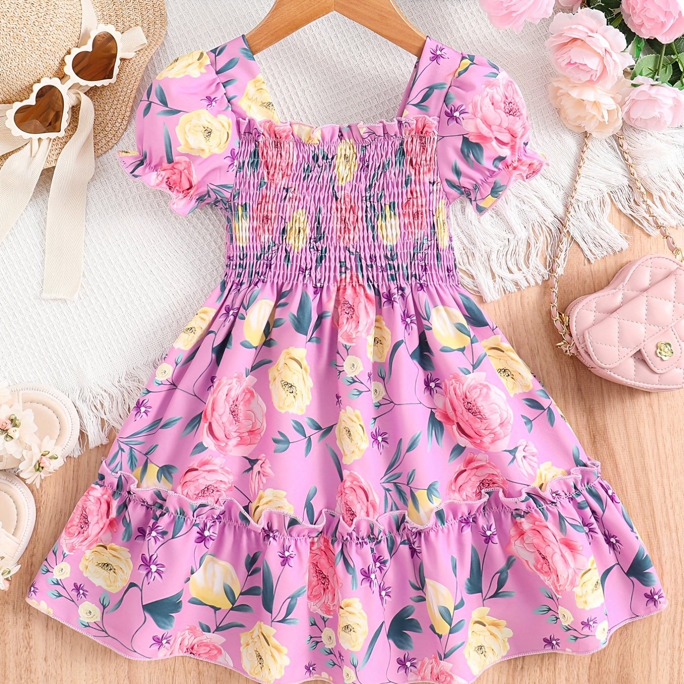[Floral Party Dress] Floral Puff Sleeve Girls Party Dress | Shirred Ruffled Hem Kids Summer Clothes