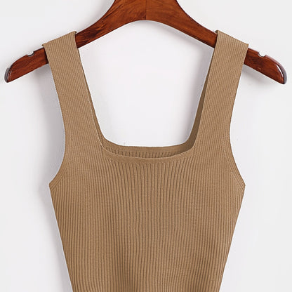 Solid Cropped Rib Knitted Vest, Elegant Sleeveless Summer Stretchy Vest, Women's Clothing