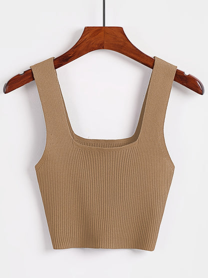 Solid Cropped Rib Knitted Vest, Elegant Sleeveless Summer Stretchy Vest, Women's Clothing